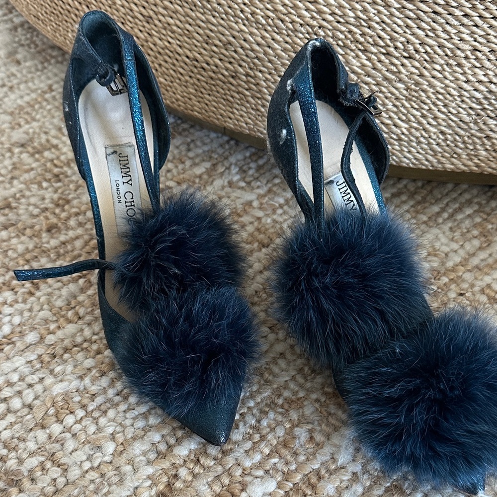 Jimmy Choo Dark Blue Fur Pom Pom Heels